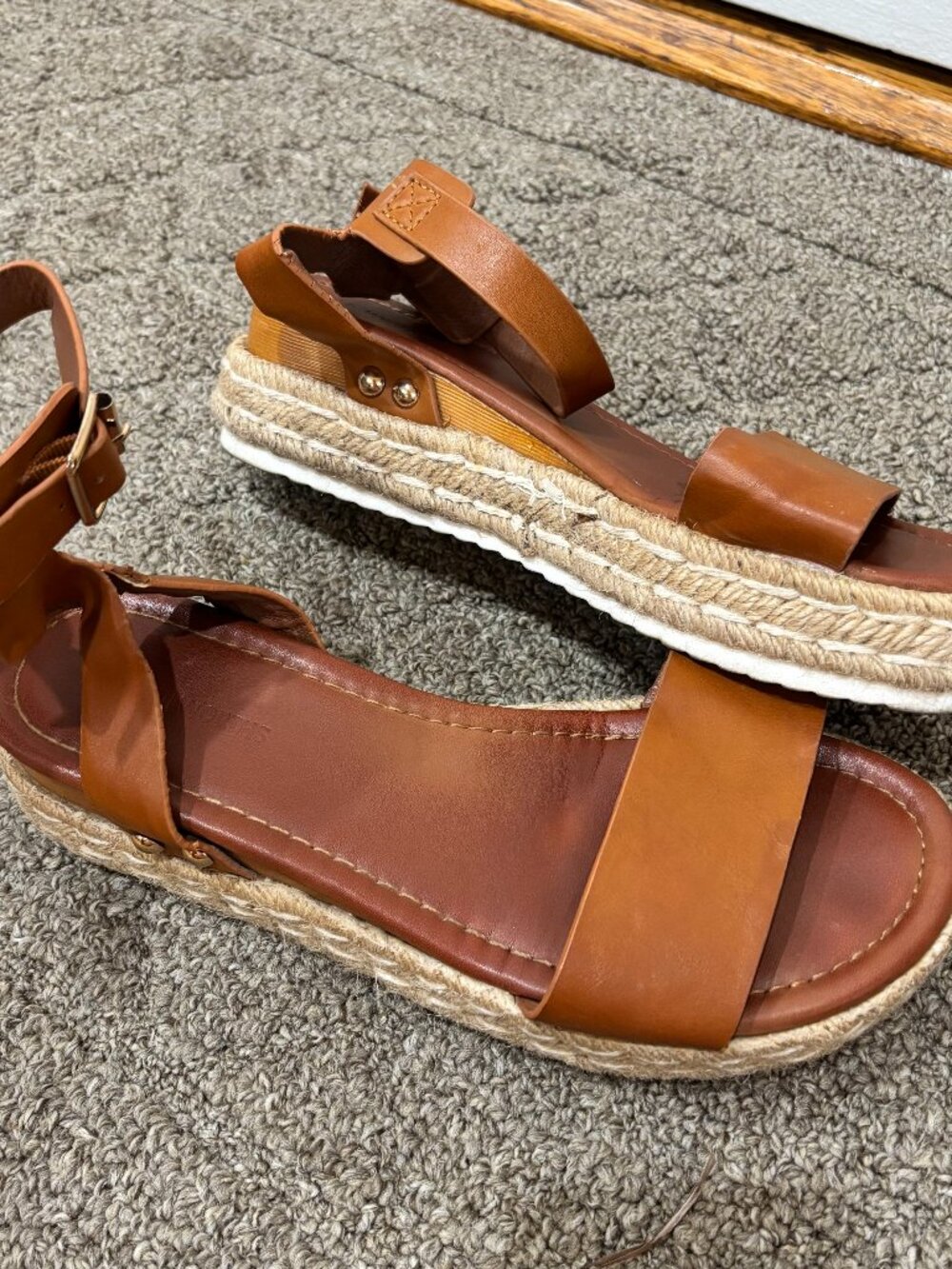 Woolworths Cognac Leather Ankle Strap Espadrille Platform Wedge Sandals